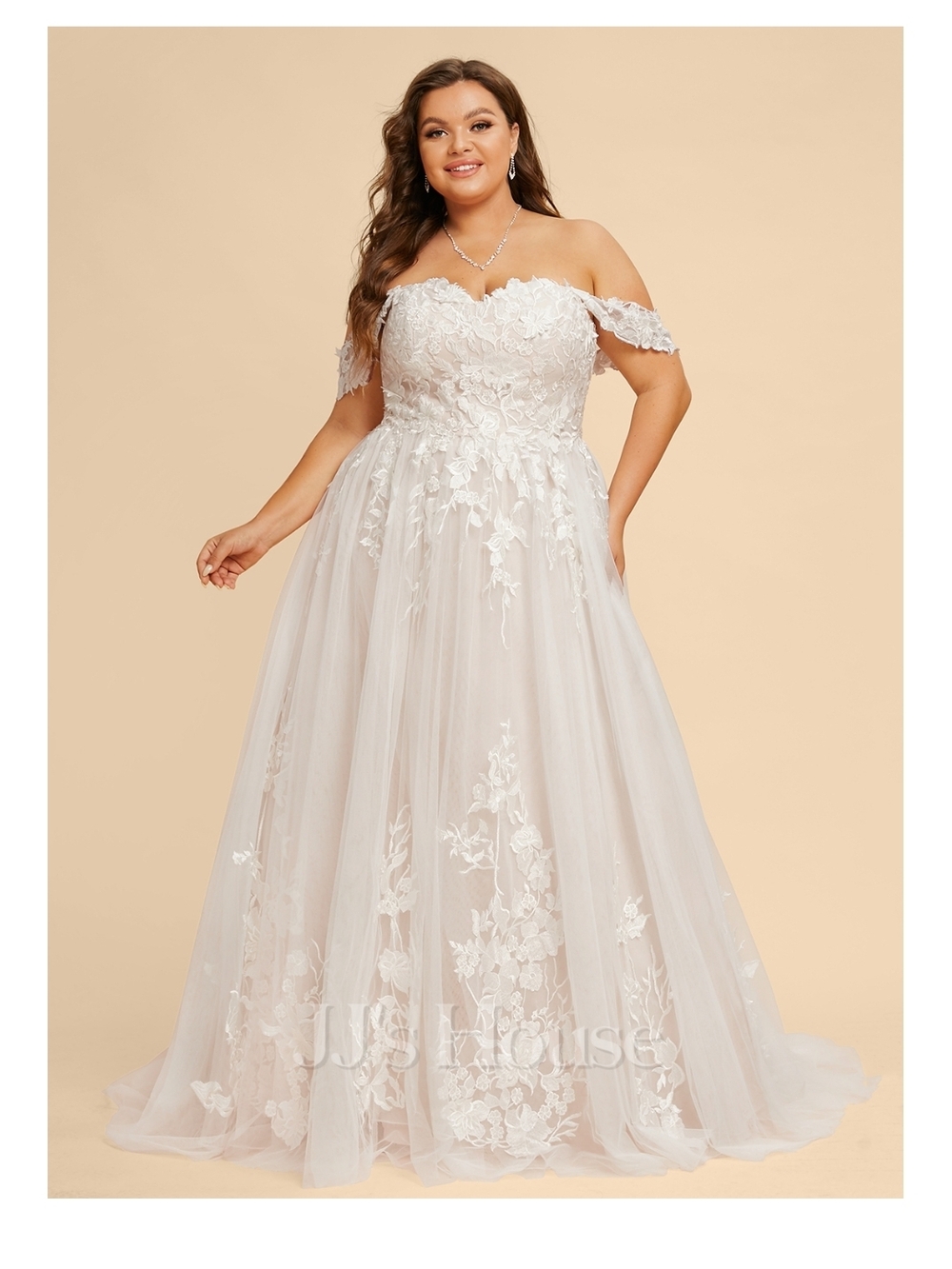 NEW JJs House Off-Shoulder Lace Appliqué Wedding ANTJE Dress in Ivory Cream